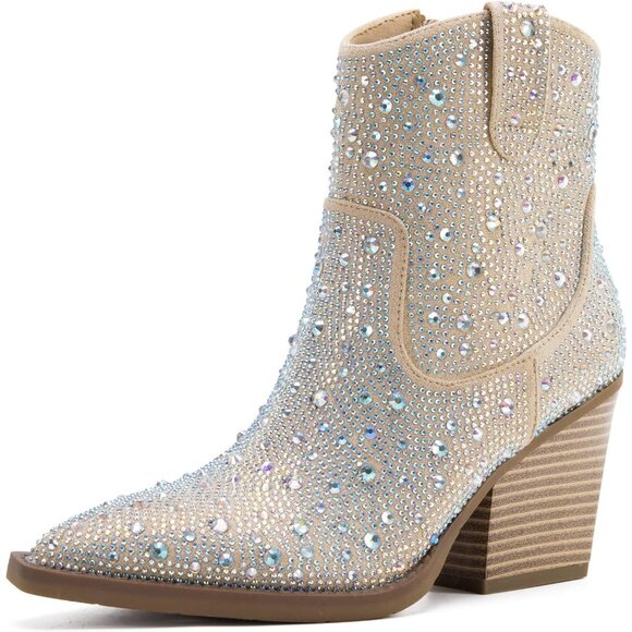✨Sparkle Champagne Ankle Boots🍾💎 Rhinestone Pointed Bling✨👢Western Heel Boots👢🌟 - Picture 5 of 6